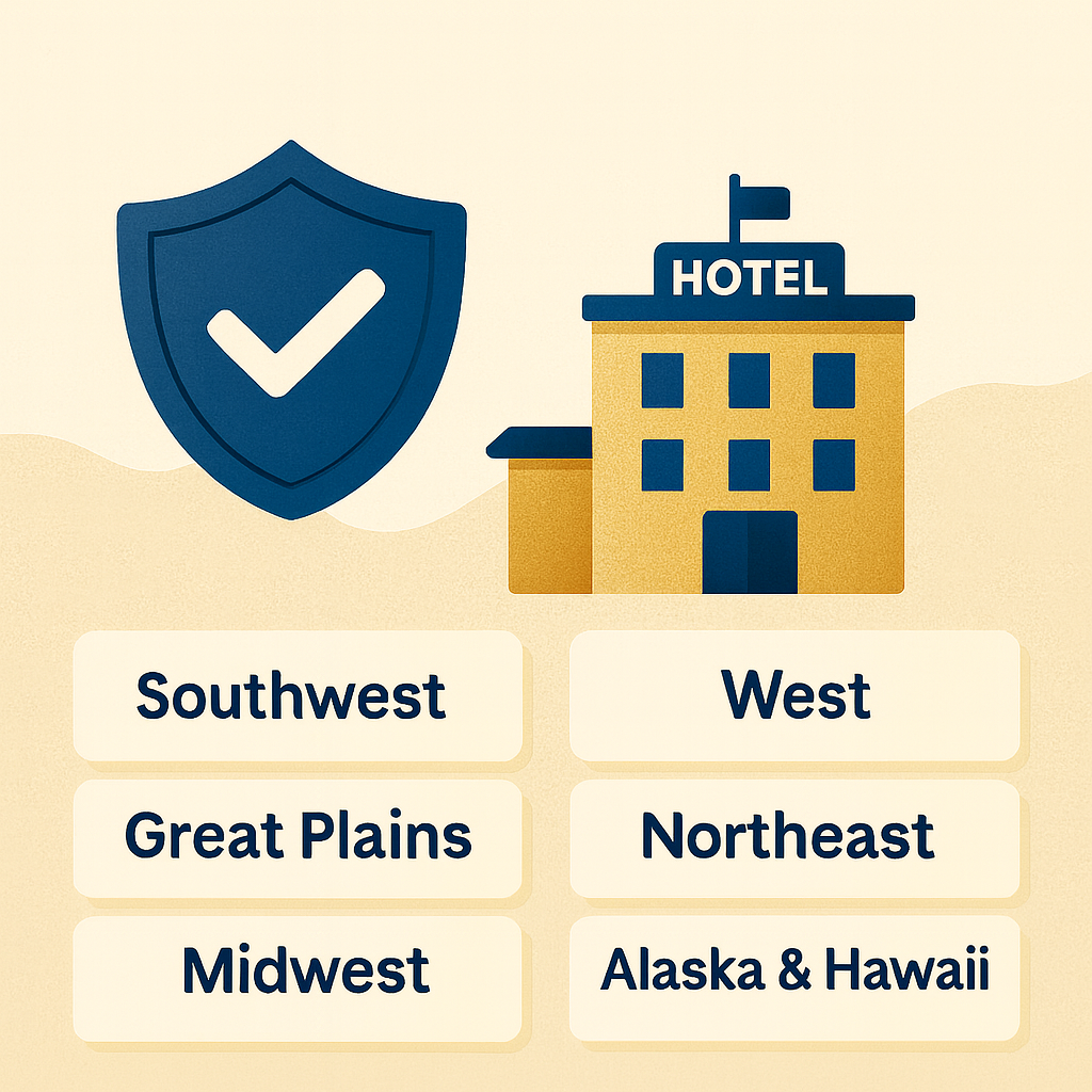 A flat-style illustration showing a blue security shield and a hotel building above regional buttons for finding senior hotel deals, set against a warm wave background.