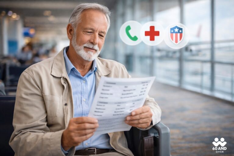 Senior traveler reviewing emergency contact information at an airport before an international trip