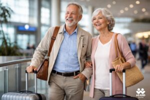 Senior couple in their early 70s traveling through an airport, representing travel insurance coverage for older adults