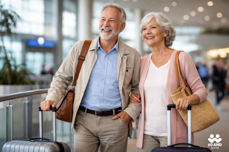 Senior couple in their early 70s traveling through an airport, representing travel insurance coverage for older adults