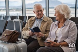 Elderly couple in their 80s seated at an airport reviewing travel documents before a trip