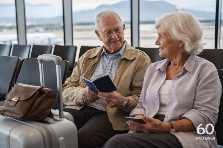 Elderly couple in their 80s seated at an airport reviewing travel documents before a trip