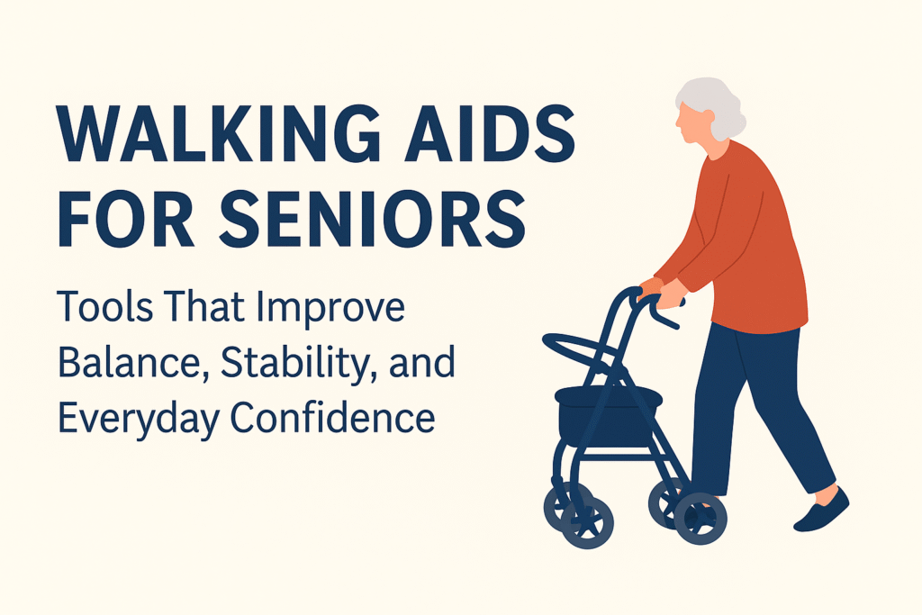 Walking Aids for Seniors: Tools That Improve Balance, Stability, and Everyday Confidence 2 Illustration of a senior woman using a rollator walker, paired with the title “Walking Aids for Seniors,” highlighting tools that improve balance, stability, and everyday confidence.