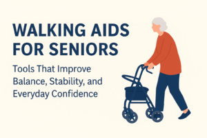 How to Shop Online Safely: Step by Step 37 Illustration of a senior woman using a rollator walker, paired with the title “Walking Aids for Seniors,” highlighting tools that improve balance, stability, and everyday confidence.