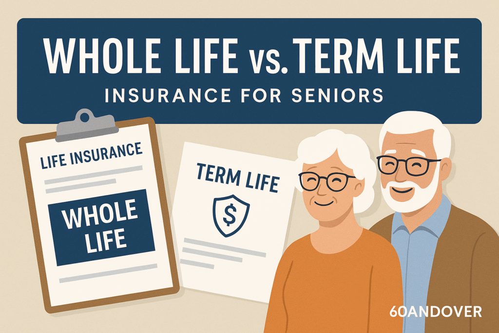 Illustration showing Whole Life vs. Term Life insurance for seniors with documents, a senior couple, and a clean comparison layout.