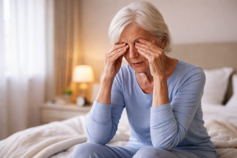 Senior woman sitting on bed feeling tired after a full night’s sleep