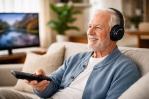 Senior using wireless TV headphones to hear television clearly at home