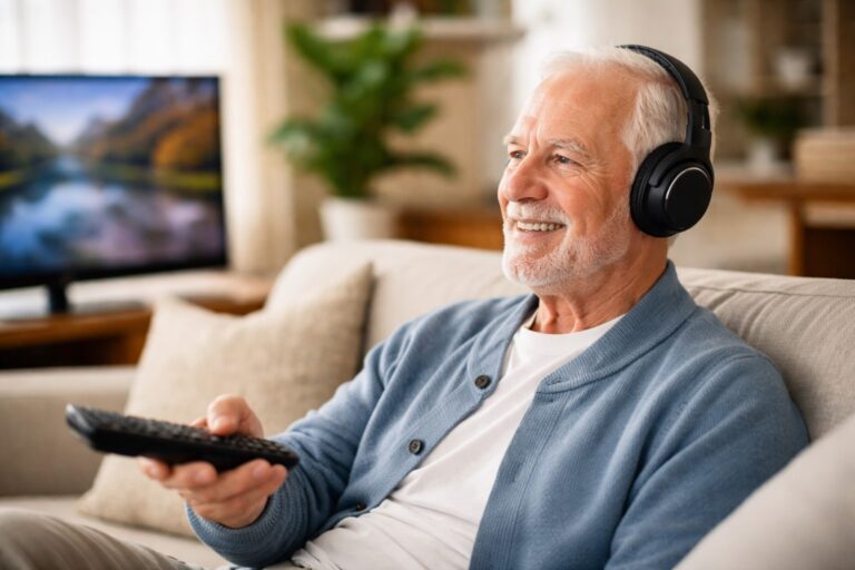 Senior using wireless TV headphones to hear television clearly at home