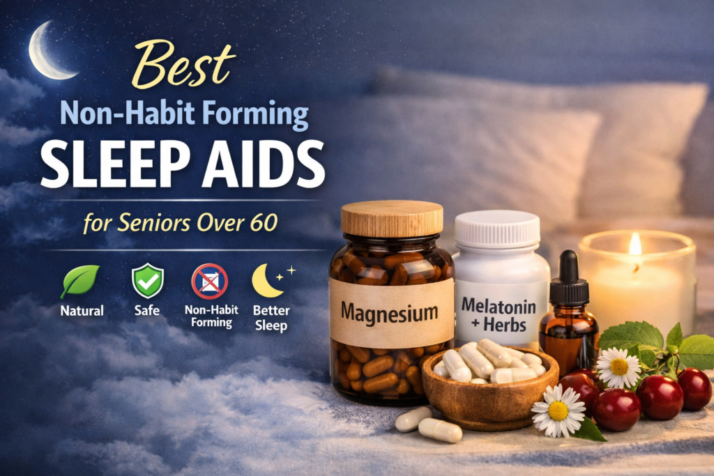 Non-habit forming sleep aids for seniors over 60, including magnesium and melatonin-free options in a calm bedroom setting
