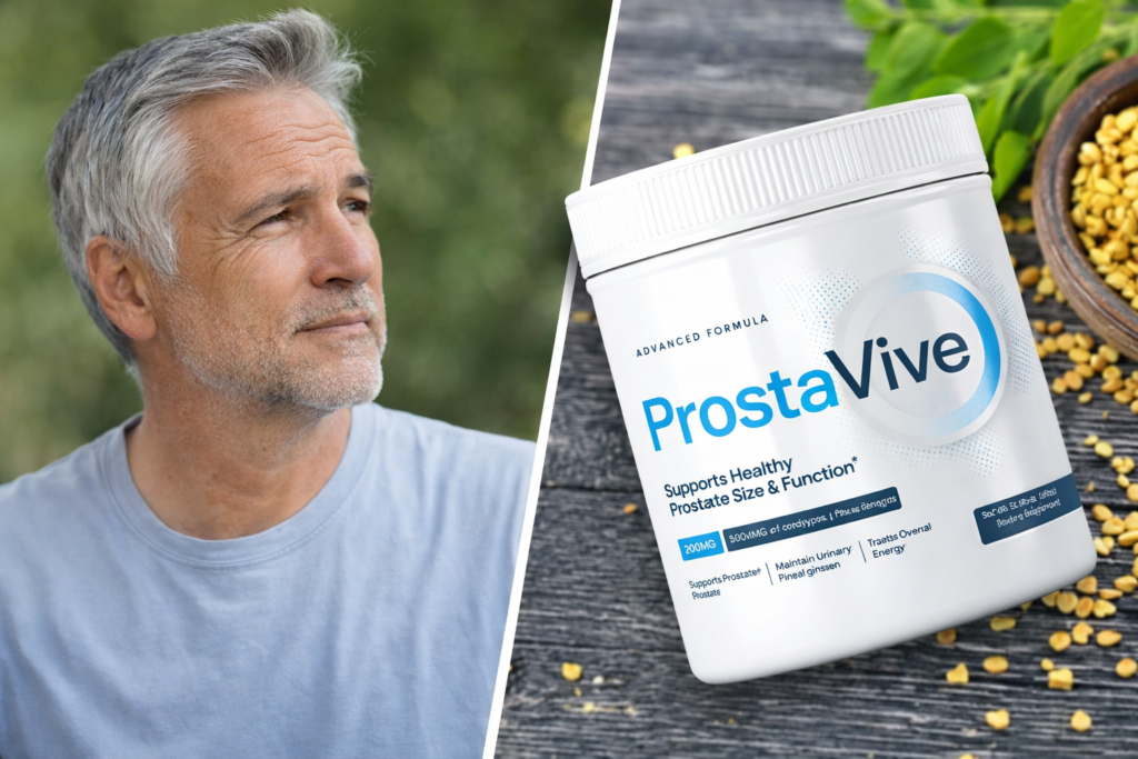 Man reviewing a natural prostate support supplement alongside the Prostavive product container.