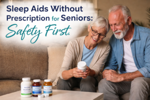 Best Train Journeys for a Relaxed and Scenic Experience 20 Older couple reviewing non-prescription sleep aids at home, focused on safe sleep support options for seniors