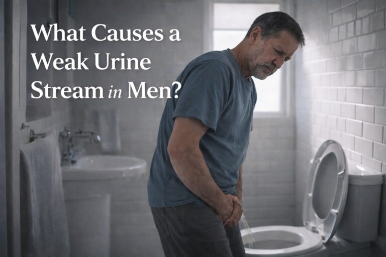 Older man experiencing a weak urine stream in a bathroom, illustrating common urinary flow concerns in men