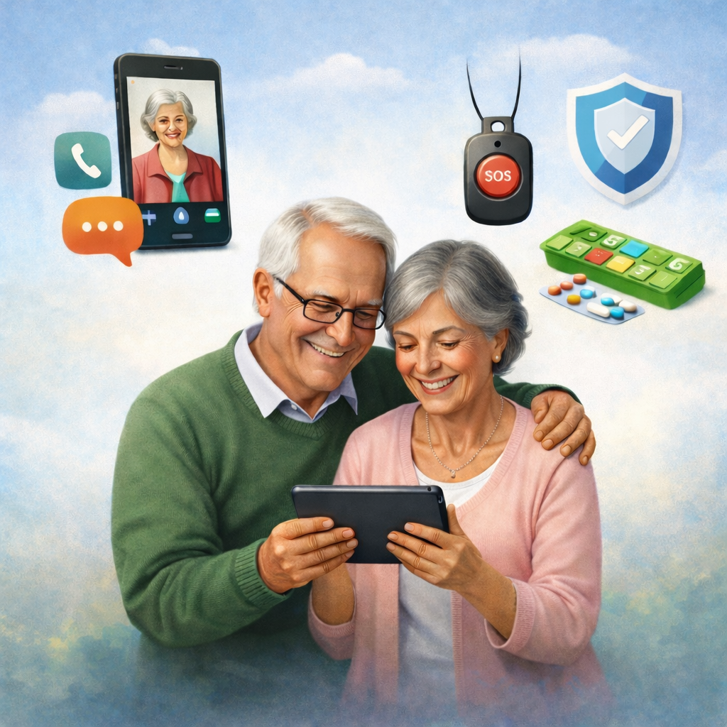 Older couple using a tablet with assistive technology tools supporting communication, safety, and daily living
