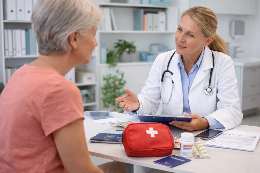 Older woman speaking with a doctor before traveling to Barbados, representing senior health planning, medical readiness, and safe travel preparation.