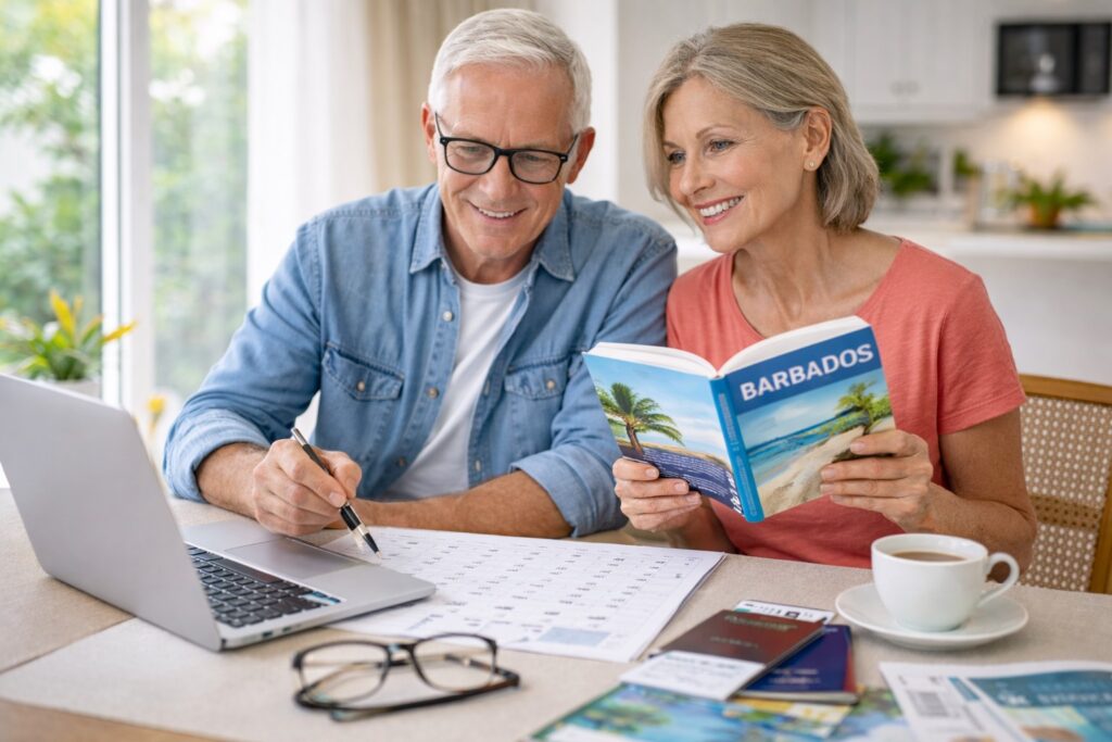 Senior couple reviewing a calendar and Barbados travel guide while planning trip costs, travel timing, and the best season to visit Barbados comfortably.