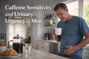 Middle-aged man holding a cup of coffee in the kitchen, reflecting how caffeine sensitivity can trigger urinary urgency in men.