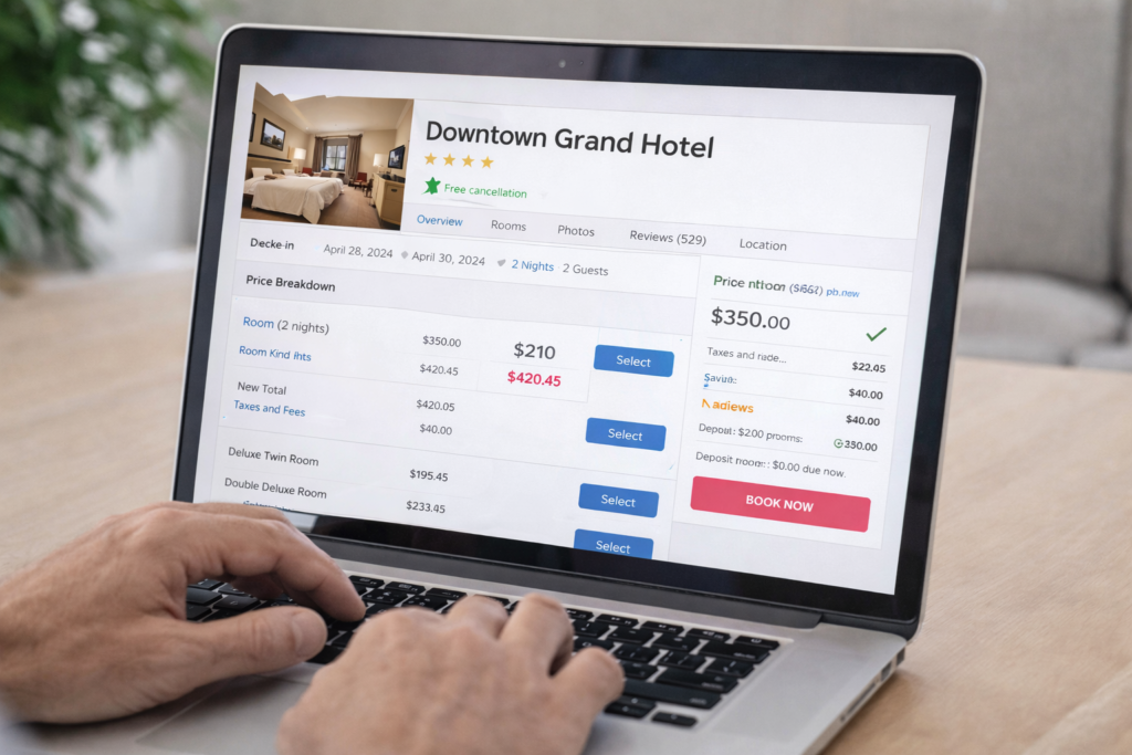 Laptop screen showing a clear hotel booking price breakdown with room options, cancellation details, and total cost displayed before booking