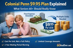 Older couple reviewing paperwork while learning how the Colonial Penn $9.95 life insurance plan works for seniors