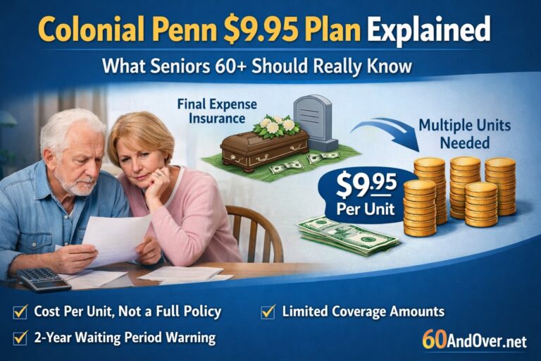 Older couple reviewing paperwork while learning how the Colonial Penn $9.95 life insurance plan works for seniors