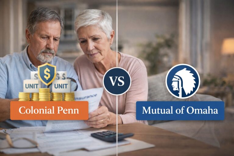 Senior couple reviewing burial insurance paperwork while comparing Colonial Penn and Mutual of Omaha coverage options