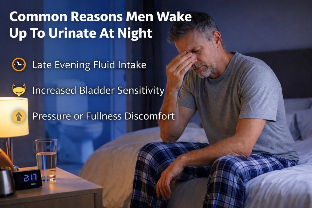 Middle-aged man sitting on his bed at night with common reasons men wake up to urinate, including fluid timing, bladder sensitivity, and nighttime pressure.
