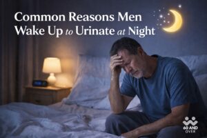 Older man sitting on the edge of his bed at night, awake due to frequent nighttime urination