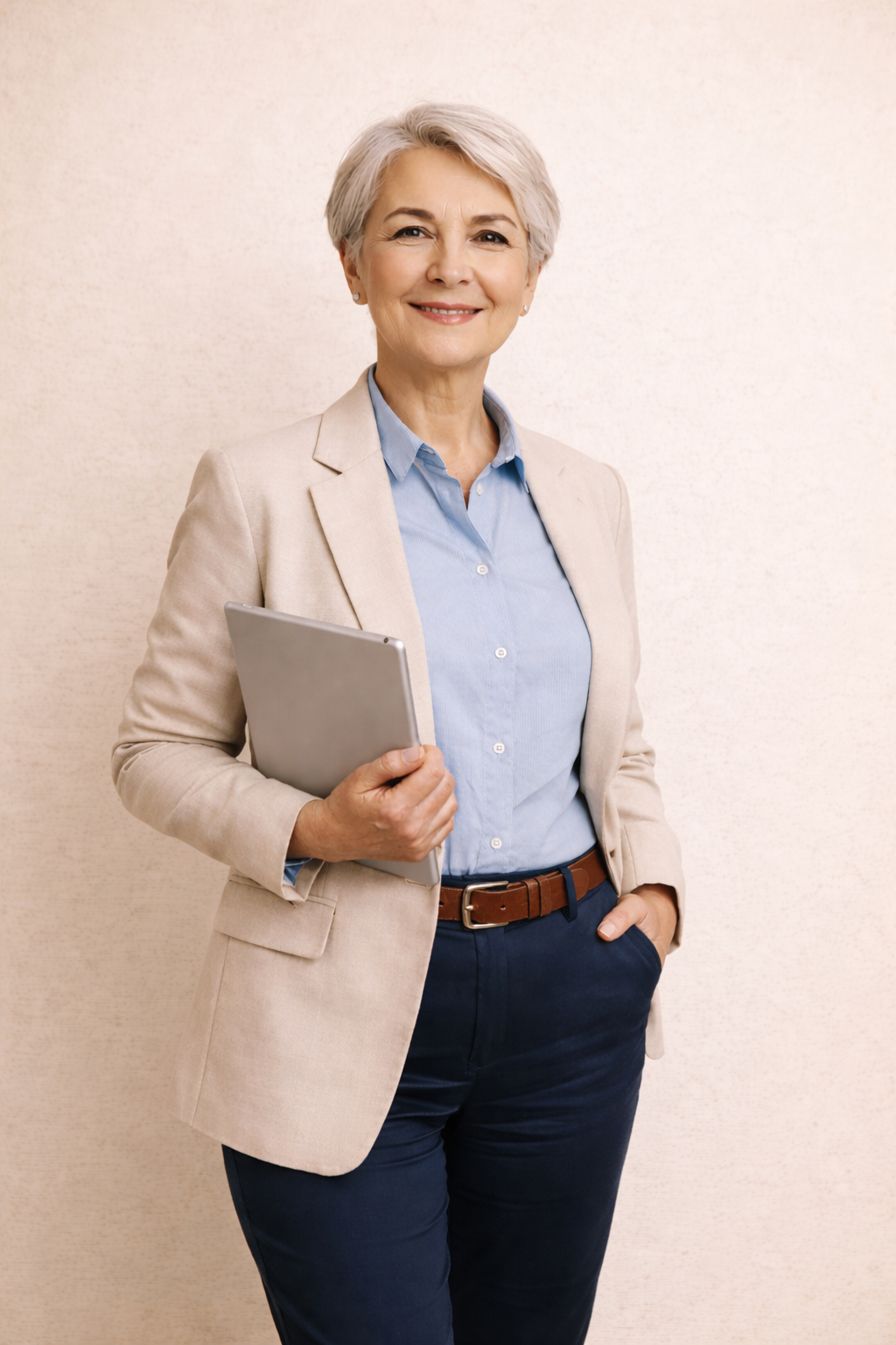 Confident woman over 60 holding a tablet, representing flexible work and job options later in life