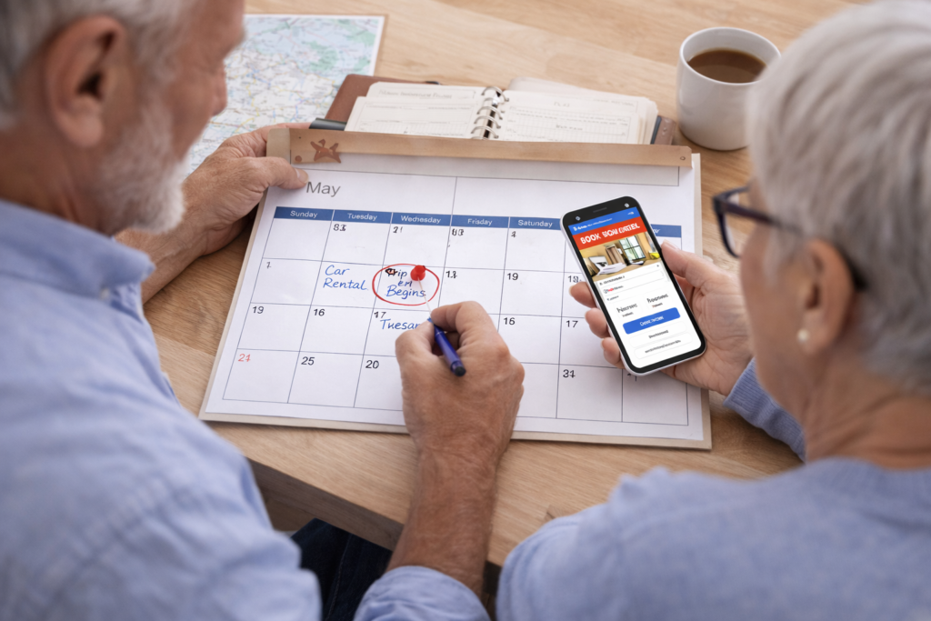 Older couple reviewing a travel calendar together while checking hotel booking details on a smartphone, showing flexible trip planning and coordination