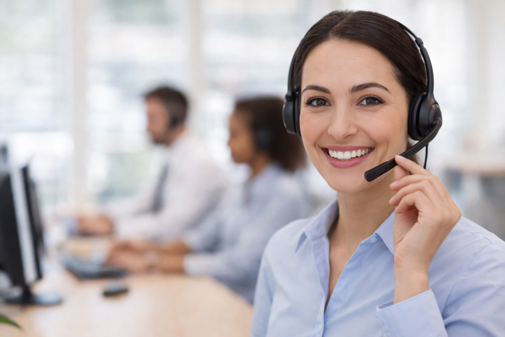 Friendly customer support representative wearing a headset, illustrating dependable assistance available when travelers need help with hotel bookings