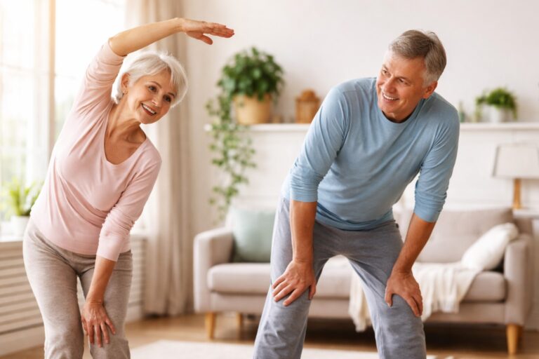 Senior couple doing gentle stretching exercises to support joint comfort and flexibility at home