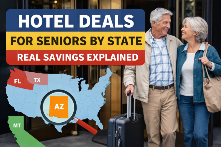 Hotel deals for seniors by state showing older travelers outside a hotel