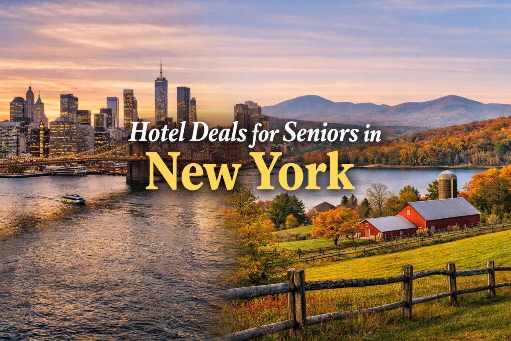 Hotel deals for seniors in New York showing New York City skyline and peaceful upstate countryside