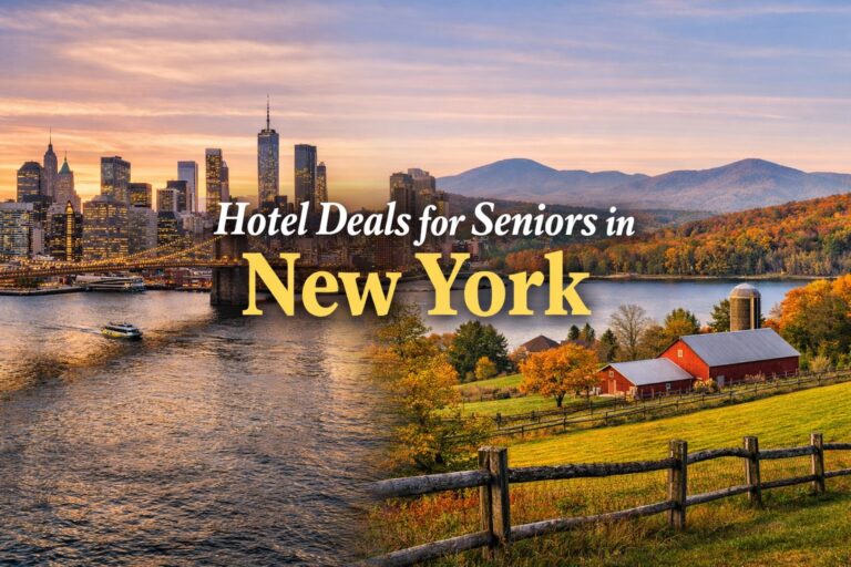 Hotel deals for seniors in New York showing New York City skyline and peaceful upstate countryside