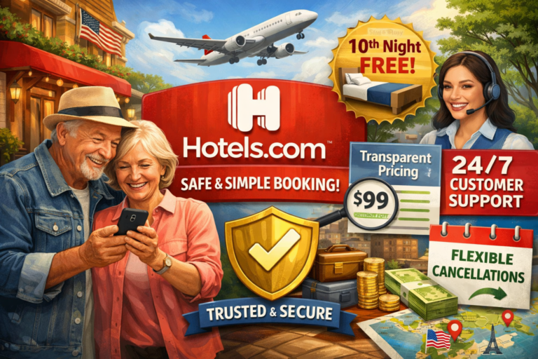 Hotels.com trusted hotel booking platform showing safe, simple reservations with clear pricing, flexible cancellation, and reliable customer support for senior travelers