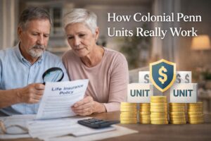 Older couple reviewing a life insurance policy together while learning how Colonial Penn units work