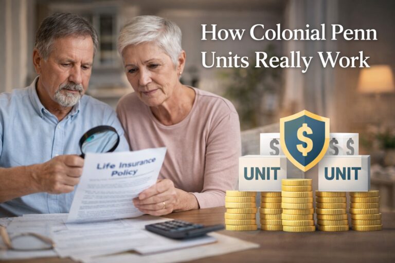 Older couple reviewing a life insurance policy together while learning how Colonial Penn units work