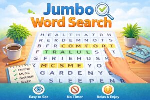 Jumbo Word Search game with large letters and highlighted words, designed for seniors to play comfortably online