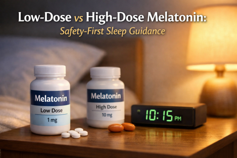 Low dose and high dose melatonin bottles on a bedside table showing safety-first sleep dosage guidance