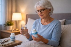 Older woman holding a magnesium supplement and a glass of water before bedtime