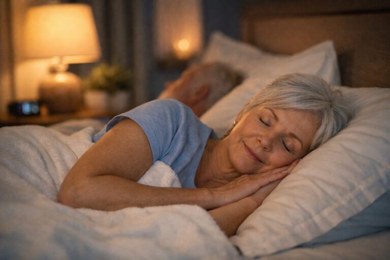 Older adult sleeping peacefully at night in a calm, comfortable bedroom environment
