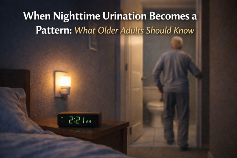 Older adult walking to the bathroom at night showing nocturia and nighttime urination pattern awareness