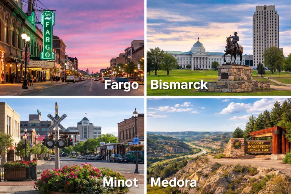 Collage showing Fargo, Bismarck, Minot, and Medora in North Dakota, including downtown streets, the state capitol, and Theodore Roosevelt National Park.