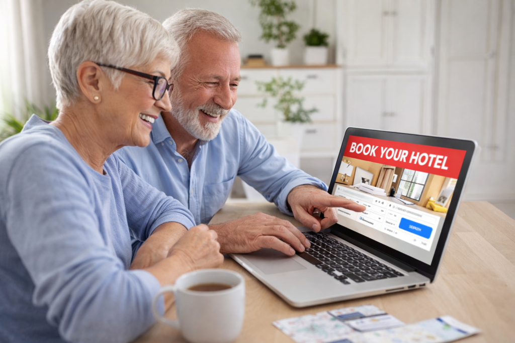 Older couple comfortably booking a hotel online at home using a laptop, showing a calm and confident approach to planning travel accommodations