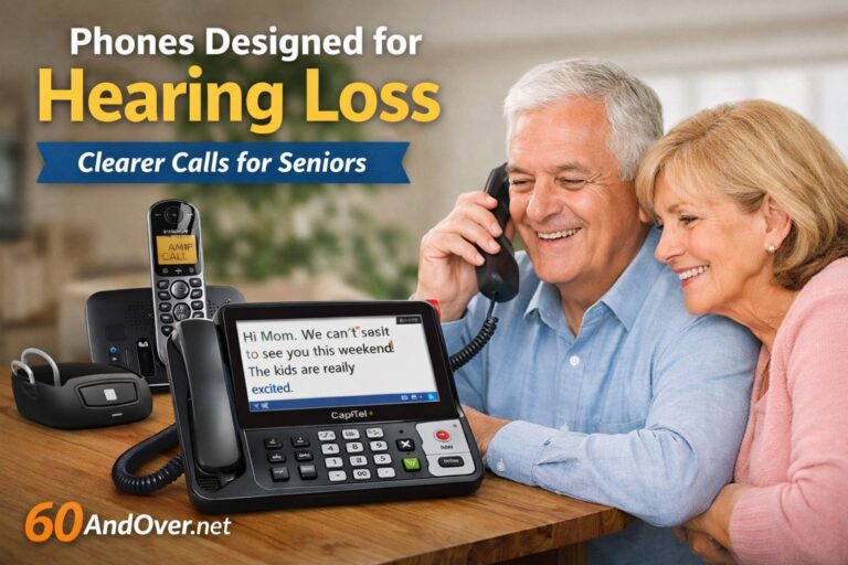 Senior couple using a captioned telephone with amplified phones designed for hearing loss.