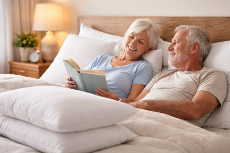 Older couple resting comfortably in bed with supportive pillows, representing sleep comfort for seniors
