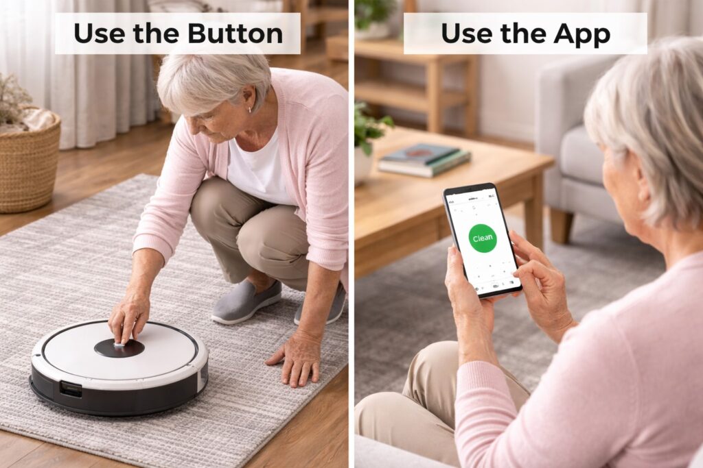 Senior starting a robot vacuum using button controls and a smartphone app