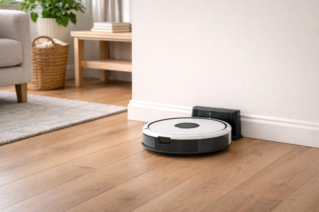 Robot vacuum positioned near its dock with a clear floor path in a living room