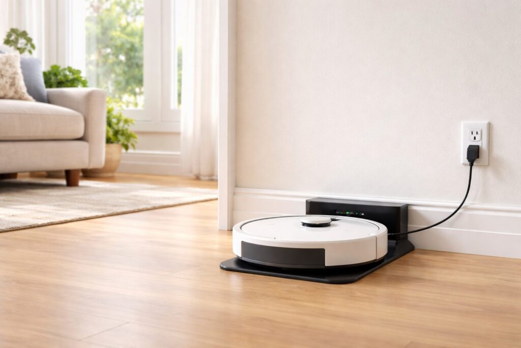 Robot vacuum resting on its charging dock in a living room