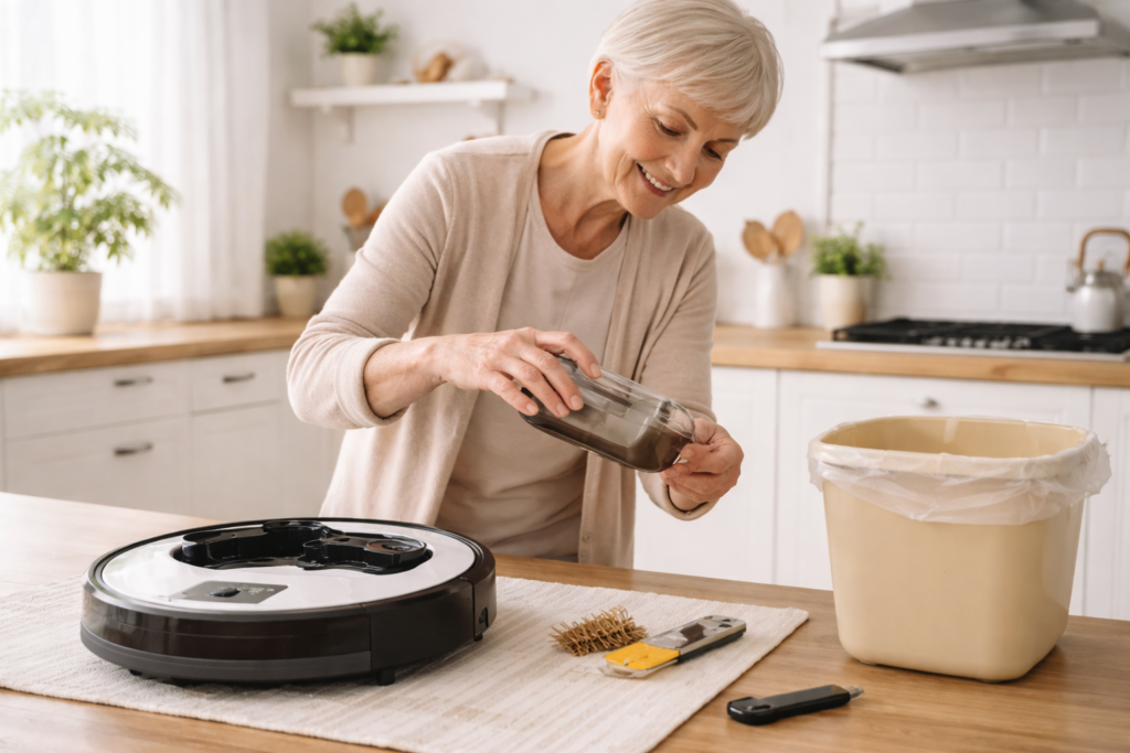 Senior emptying a robot vacuum dustbin in a kitchen