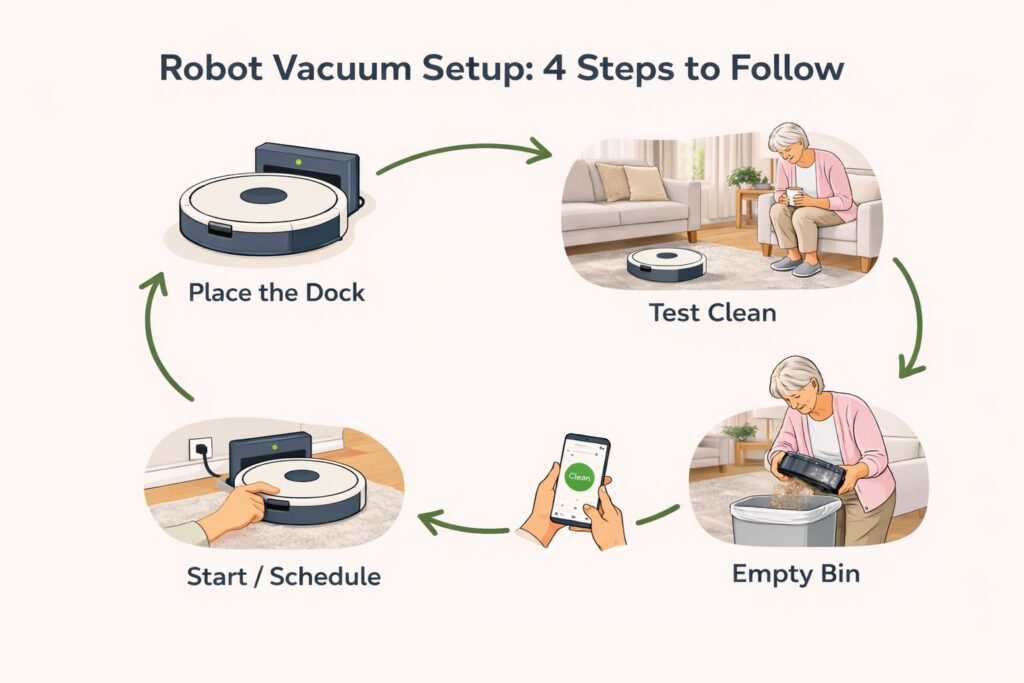 Robot vacuum setup diagram showing four senior-friendly steps to follow